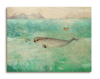 Narwhal children's art print, whimsical, nursery art, turtle, puffer fish, birch ply, wood