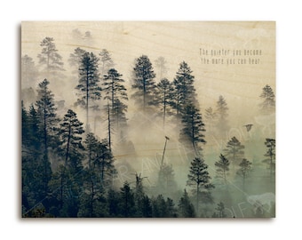 Forest treetops wood print, zen meditation, inspirational, forest, crow, raven, misty, dreamy, magical, art print, wood