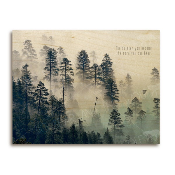 Forest treetops wood print, zen meditation, inspirational, forest, crow, raven, misty, dreamy, magical, art print, wood