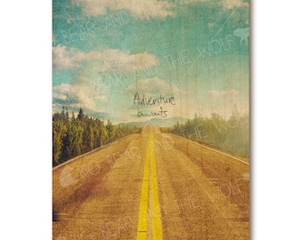 Adventure Awaits wooden art print, vintage, daydream, open road, adventure, explore, adventure art, clouds, blue sky