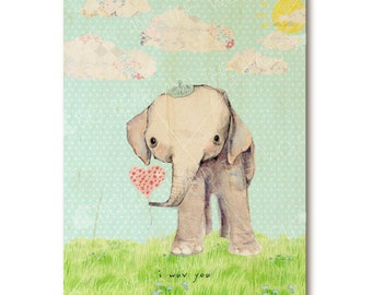 Elephant nursery art print on wood, cute, turquoise blue hues, heart balloon, patchwork clouds