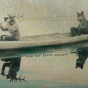 Whimsical wood art, Wolf and Antlered Elk in canoe, Into the Great Unknown, cool wood print, unique, surreal, anthropomorphic art print image 2