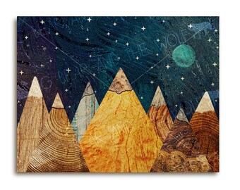Mountains art print on wood, wood burl, mixed media, birch ply, mountains, starry night, midnight blue, wood