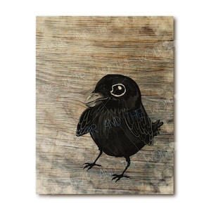 Wood art, baby raven, blackbird, wooden art print image 1