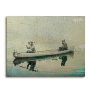 Whimsical wood art, Wolf and Antlered Elk in canoe, Into the Great Unknown, cool wood print, unique, surreal, anthropomorphic art print image 1