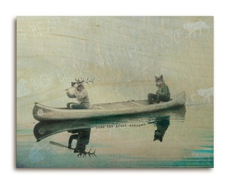 Whimsical wood art, Wolf and Antlered Elk in canoe, Into the Great Unknown, cool wood print, unique, surreal, anthropomorphic art print