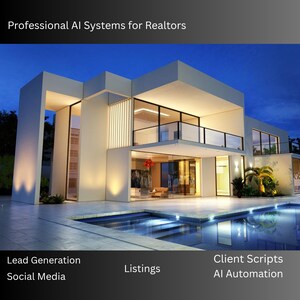 May include: An image promoting "The AI Estate Agent Toolkit" with a modern house and pool. Text includes "Professional AI Systems for Realtors," and lists features like "Lead Generation" and "Client Scripts." The cover also mentions "100 AI Prompts for Modern Estate Agents."