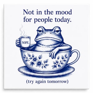 May include: A blue and white illustration features a grumpy frog in a teacup, holding a mug that says "NOPE." The text above reads "Not in the mood for people today." Below, it says "(try again tomorrow)." The teacup has a floral design.