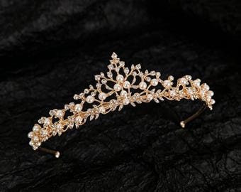 Elegant Gold Pearl Tiara: Crystal Floral Crown for Bridal, Quinceanera, and Formal Occasions