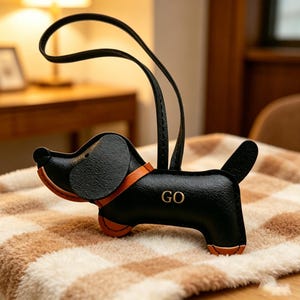 May include: A black leather dog-shaped keychain with orange accents on the ears, collar, and feet. The body features the letters GO embossed in gold. A long black leather strap extends from the top, forming a loop for easy attachment.