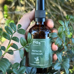 May include: A brown glass spray bottle with a black cap, labelled "Pistacia Lentiscus" and "Idrolato Elixir di Sardegna." The bottle is held among green leaves, with the "rias GARDENLAB" logo visible.