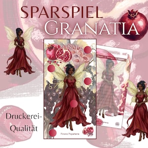 Könnte beinhalten: Ein Sparspiel mit dem Titel SPARSSPIEL GRANATIA, das eine Fee in einem roten Kleid mit Flügeln, Granatapfel-Illustrationen und ein Tracking-Blatt zeigt. Das Design enthält rote Kreismarkierungen, den Text GRANATIA und Druckerei-Qualität.