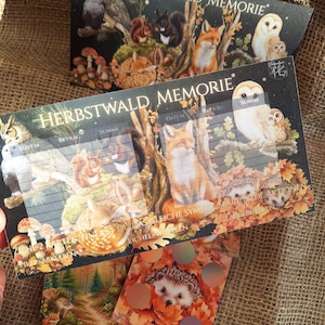 Könnte beinhalten: Ein rechteckiger Papier-Tracker mit dem Titel HERBSTWALD MEMORIE, illustriert mit Eulen, einem Fuchs, einem Eichhörnchen, einem Igel und einem Rehkitz im Wald. Der Tracker enthält Spalten für Datum, Betrag und Summe. Darunter liegen Karten mit Waldszenen und einem Igel mit holografischen Stickern.
