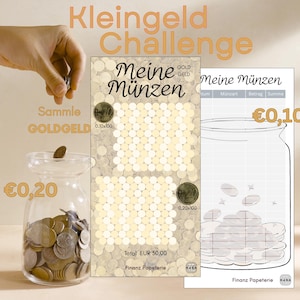 Könnte beinhalten: Ein Kleingeld Challenge Spar-Set mit zwei bedruckten Karten. Eine Karte zeigt Meine Münzen mit Münzfeldern für 0,10 und 0,20 Einheiten, insgesamt 30,00 EUR. Die zweite Karte enthält eine Glas-Illustration zur Dokumentation der Münzen.