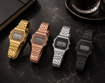 Elegante reloj digital unisex en acero inoxidable dorado y plateado – Reloj electrónico vintage para hombre y mujer, estilo casual de negocios, Zegare