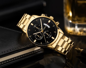 RUIGE Gold Prestige – Montre Homme Luxe Étanche Noir & Or