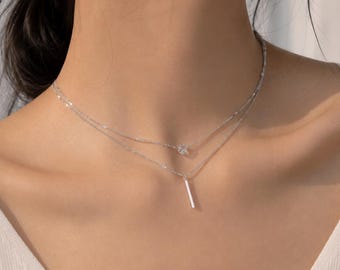 Collar de plata de doble cadena para mujer, joyería brillante, colgante multicapa