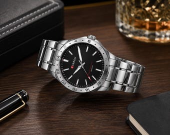 Reloj CURREN para hombre, acero inoxidable, negro y plata, reloj elegante