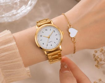 Reloj de oro para mujer con pulsera de corazón – Conjunto elegante y moderno de 2 piezas