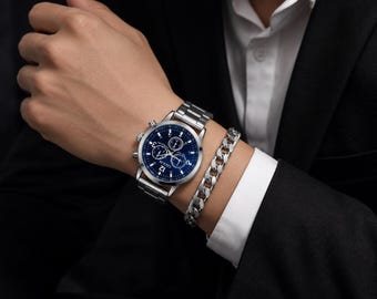 Reloj de lujo para hombre en plata y azul – Set de regalo con brazalete de acero inoxidable
