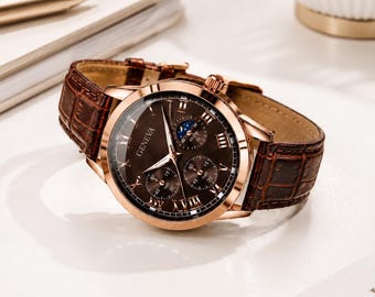 Elegante y sofisticado reloj de hombre de estilo lujoso con correa de piel de cocodrilo. Idea de regalo.