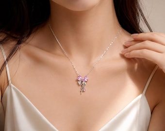 Collar de mujer con nudo de rosa y circonita brillante – Colgante de estrella con diamantes de imitación brillantes, cadena elegante y delicada, joyería romántica