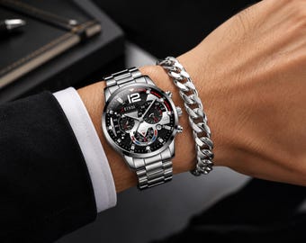 Reloj de cuarzo plateado de lujo para hombre – Brazalete de acero inoxidable – Estilo formal e informal – Juego de 2 piezas