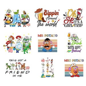 K&ouml;nnte beinhalten: Neun farbenfrohe Grafikdesigns mit Figuren und Phrasen. Designs beinhalten "DAD" mit Toy Story-Charakteren, "Sippin' Around the World", "Oh Sip It's a GIRL TRIP", "MR POTATO", "No Drink Gets Left Behind", "YOU'VE GOT A FRIEND IN ME" und "MRS POTATO".
