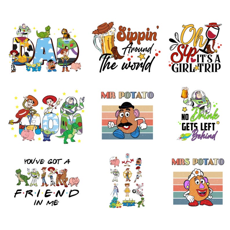 K&ouml;nnte beinhalten: Neun farbenfrohe Grafikdesigns mit Figuren und Phrasen. Designs beinhalten "DAD" mit Toy Story-Charakteren, "Sippin' Around the World", "Oh Sip It's a GIRL TRIP", "MR POTATO", "No Drink Gets Left Behind", "YOU'VE GOT A FRIEND IN ME" und "MRS POTATO".