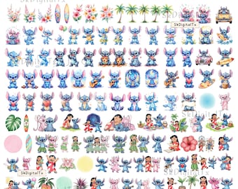 Stitch And Friends Png Bundle, Tropical Alien Clipart Download, Hawaiian Birthday Shirt Design, Watercolor Sublimation, Printable Png