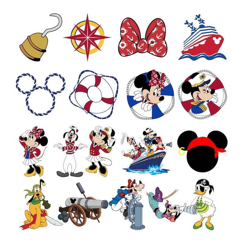 May include: A selection of nautical-themed cartoon illustrations. Includes a gold hook, a compass rose, a red bow with white anchors, a red and blue cruise ship, Mickey Mouse ears, a life preserver, and various Disney characters.