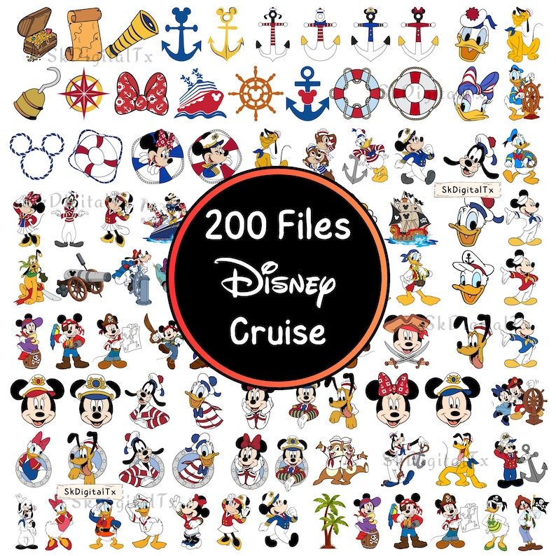 May include: A digital collection of Disney-themed clip art, including characters like Mickey and Minnie Mouse, Donald Duck, and nautical symbols such as anchors and life rings. The image also features the text "200 Files Disney Cruise".