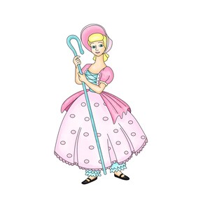 May include: Illustration of a cartoon character in a pink dress with white polka dots, a matching bonnet, and a blue shepherd's crook. The character has blonde hair and is wearing black shoes. The dress has a ruffled hem and a blue bodice.