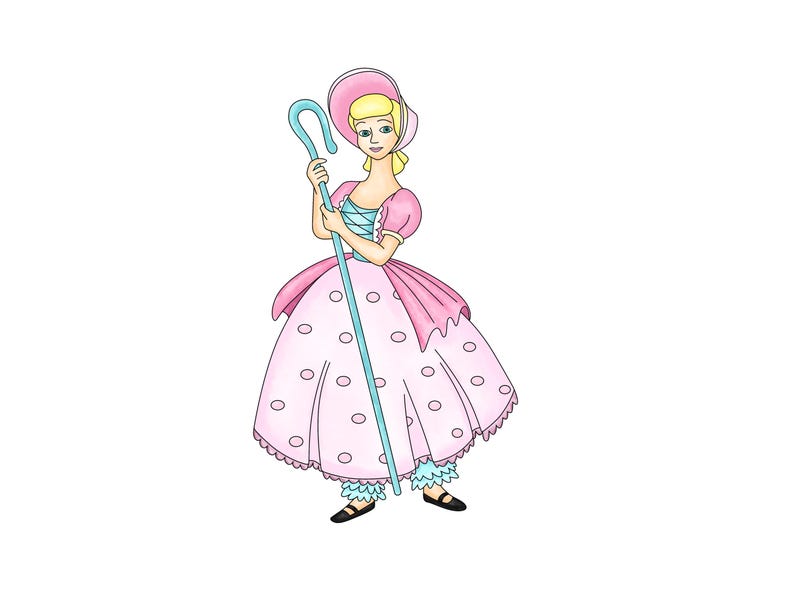 May include: Illustration of a cartoon character in a pink dress with white polka dots, a matching bonnet, and a blue shepherd's crook. The character has blonde hair and is wearing black shoes. The dress has a ruffled hem and a blue bodice.