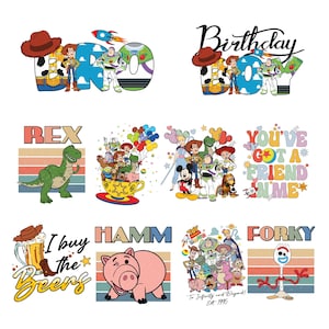 K&ouml;nnte beinhalten: Eine Sammlung farbenfroher Grafikdesigns mit Charakteren aus dem Toy Story-Franchise. Designs beinhalten die W&ouml;rter "BRO" und "Birthday Boy" sowie Bilder von Rex, Hamm und Forky. Weitere Designs enthalten den Text "I buy the Beers" und "You've Got a Friend in Me".