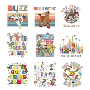 K&ouml;nnte beinhalten: Neun farbenfrohe Grafikdesigns mit Charakteren und Text aus dem Animationsfilm Toy Story. Designs beinhalten Buzz Lightyear, Bullseye und andere Charaktere mit dem Text "Toy Story" und "You've Got a Friend in Me."