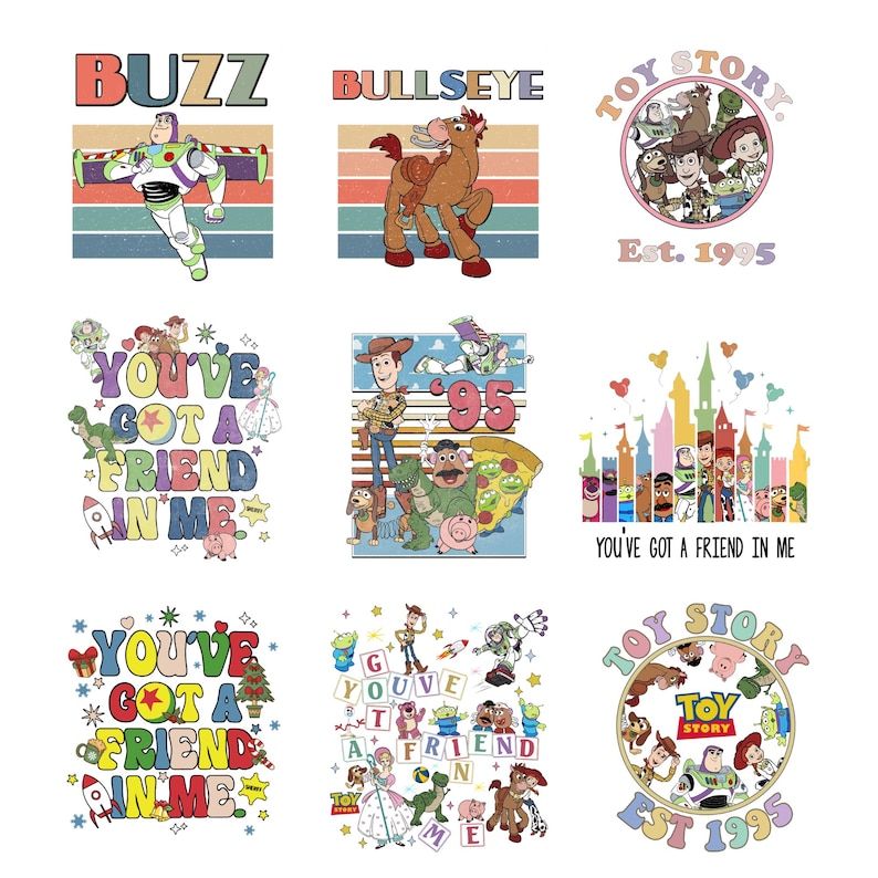 K&ouml;nnte beinhalten: Neun farbenfrohe Grafikdesigns mit Charakteren und Text aus dem Animationsfilm Toy Story. Designs beinhalten Buzz Lightyear, Bullseye und andere Charaktere mit dem Text "Toy Story" und "You've Got a Friend in Me."