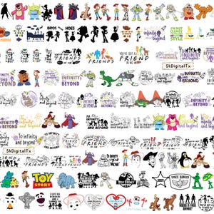 May include: A collection of digital designs featuring characters and quotes from the animated film series, Toy Story. The designs include silhouettes, character illustrations, and phrases like "To Infinity and Beyond" and "You've Got a Friend in Me."