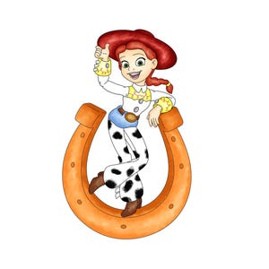 May include: Illustration of a cartoon character, wearing a white shirt with yellow accents, blue jeans, and black and white spotted pants. The character is leaning on an orange horseshoe and wearing a red hat.