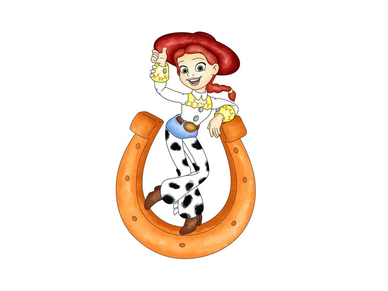 May include: Illustration of a cartoon character, wearing a white shirt with yellow accents, blue jeans, and black and white spotted pants. The character is leaning on an orange horseshoe and wearing a red hat.