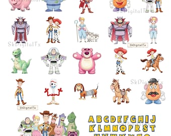 Toy Cowboy And Friends Png Bundle, Woody Buzz Clipart Download, Cartoon Birthday Shirt Design, Alphabet Sublimation Digital Download