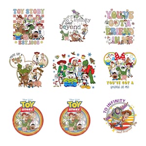 K&ouml;nnte beinhalten: Neun farbenfrohe Grafikdesigns mit Figuren aus dem Animationsfilm "Toy Story". Designs enthalten Texte wie "Toy Story", "To infinity and beyond" und "You've got a friend in me". Die Designs sind in verschiedenen Formen und Stilen gehalten.