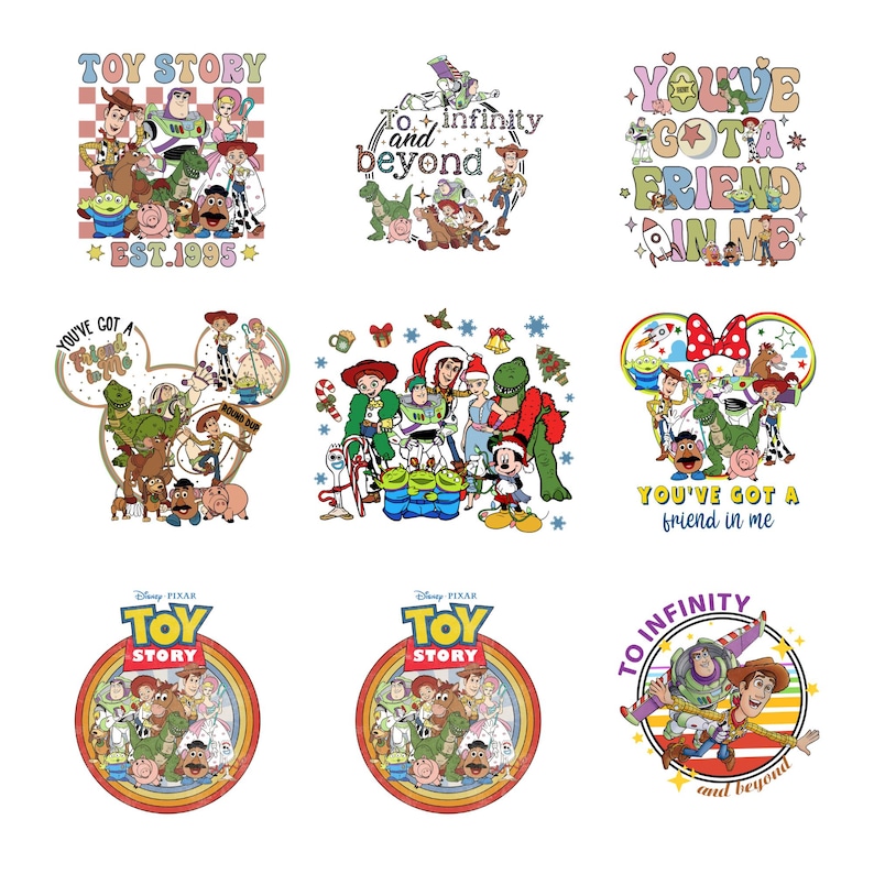 K&ouml;nnte beinhalten: Neun farbenfrohe Grafikdesigns mit Figuren aus dem Animationsfilm "Toy Story". Designs enthalten Texte wie "Toy Story", "To infinity and beyond" und "You've got a friend in me". Die Designs sind in verschiedenen Formen und Stilen gehalten.