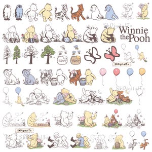 May include: A collection of Winnie the Pooh character illustrations featuring Pooh, Piglet, Tigger, and Eeyore in various poses, including line art and coloured versions. The set includes trees, honey pots, balloons, and butterflies with the text Winnie the Pooh.