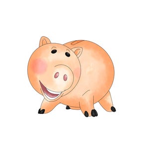 May include: A watercolor illustration of a smiling, cartoon pig with a peach-colored body, black eyes, and black hooves. The pig has a large, open mouth with a white smile and pink tongue. The pig has a blush on its cheeks and is set against a white background.