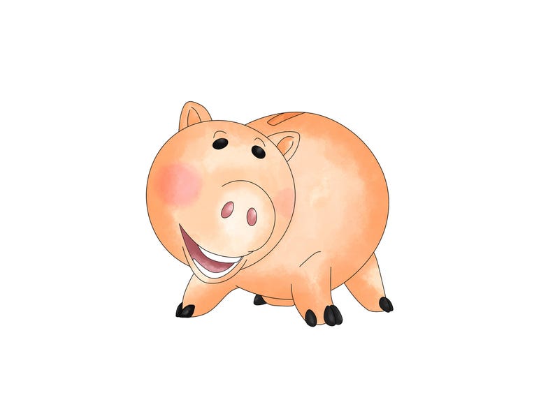 May include: A watercolor illustration of a smiling, cartoon pig with a peach-colored body, black eyes, and black hooves. The pig has a large, open mouth with a white smile and pink tongue. The pig has a blush on its cheeks and is set against a white background.
