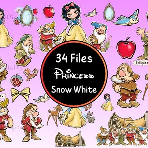 Snövit Png-paket, sju dvärgar Clipart-nedladdning, prinsessans sublimeringsdesign, födelsedagströjadesign, clipart för scrapbooking, digitalt