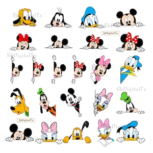 May include: A collection of colorful digital illustrations featuring classic cartoon characters including Mickey Mouse, Minnie Mouse, Donald Duck, Daisy Duck, Goofy, and Pluto. The characters are depicted peeking over edges or from behind vertical lines.