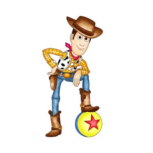May include: Illustration of a cartoon cowboy character in a brown hat, yellow plaid shirt, blue jeans, and brown boots. The cowboy is leaning on a yellow and blue ball with a red star.