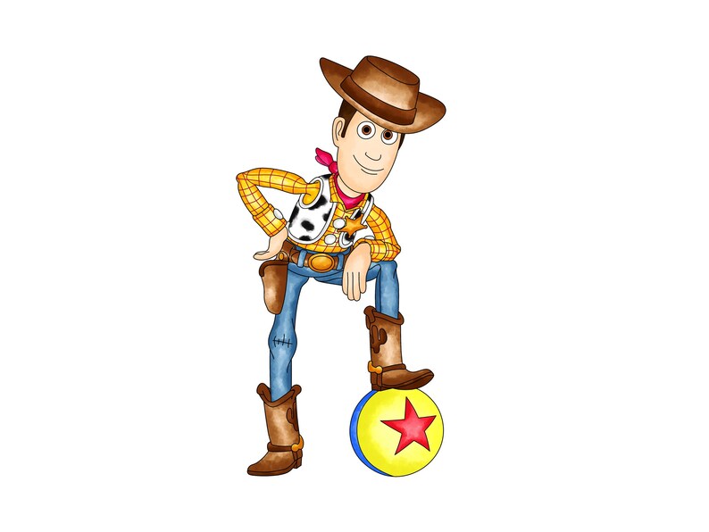 May include: Illustration of a cartoon cowboy character in a brown hat, yellow plaid shirt, blue jeans, and brown boots. The cowboy is leaning on a yellow and blue ball with a red star.